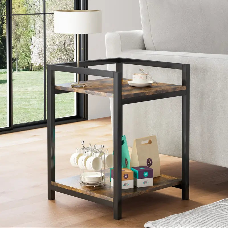 Rustic Square Wooden Coffee Table with Storage Shelf - Tiger Skin Color-1