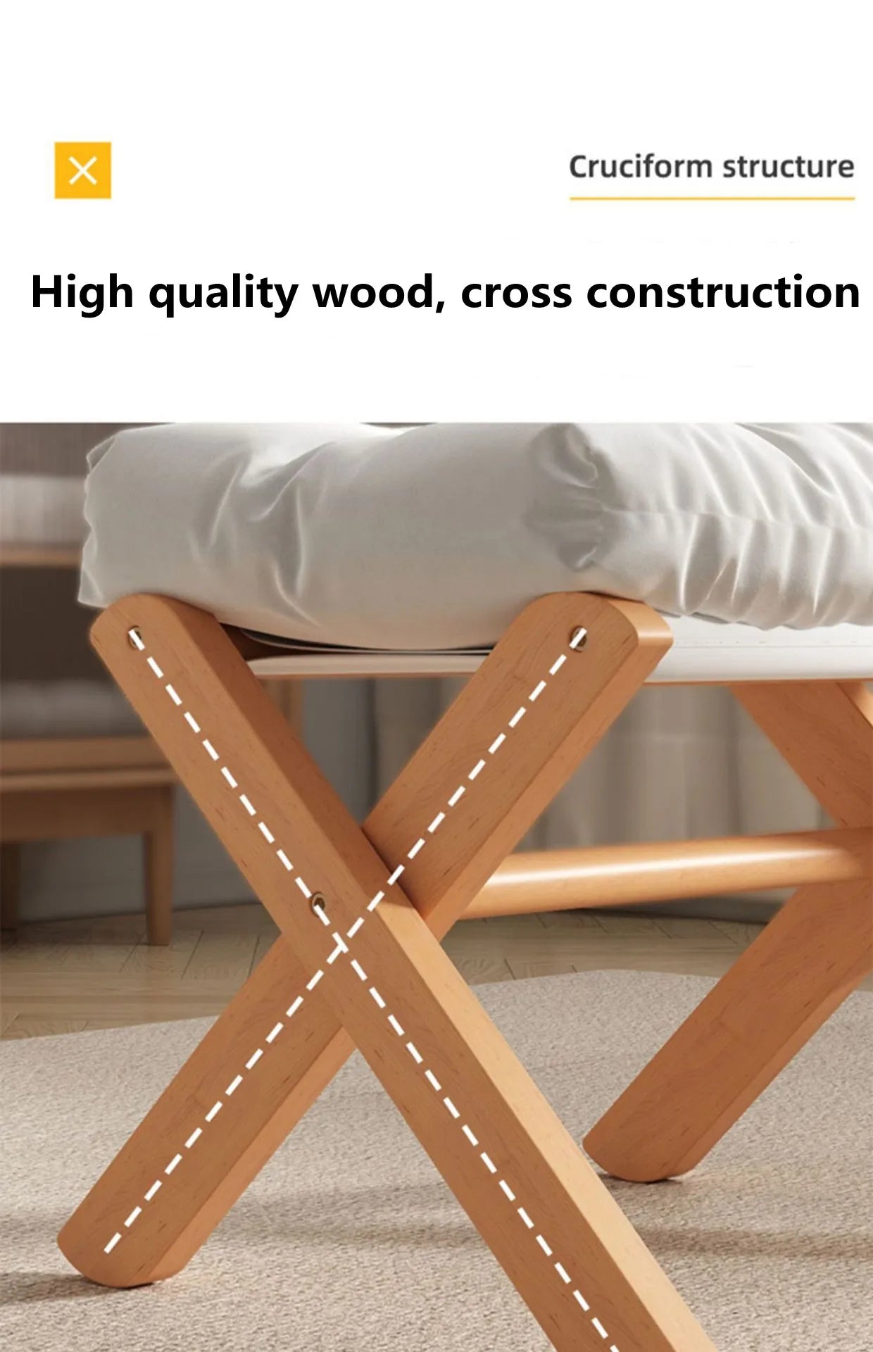 Foldable Solid Wood Low Stool with Paste-Style Grey Seat Cushion-1