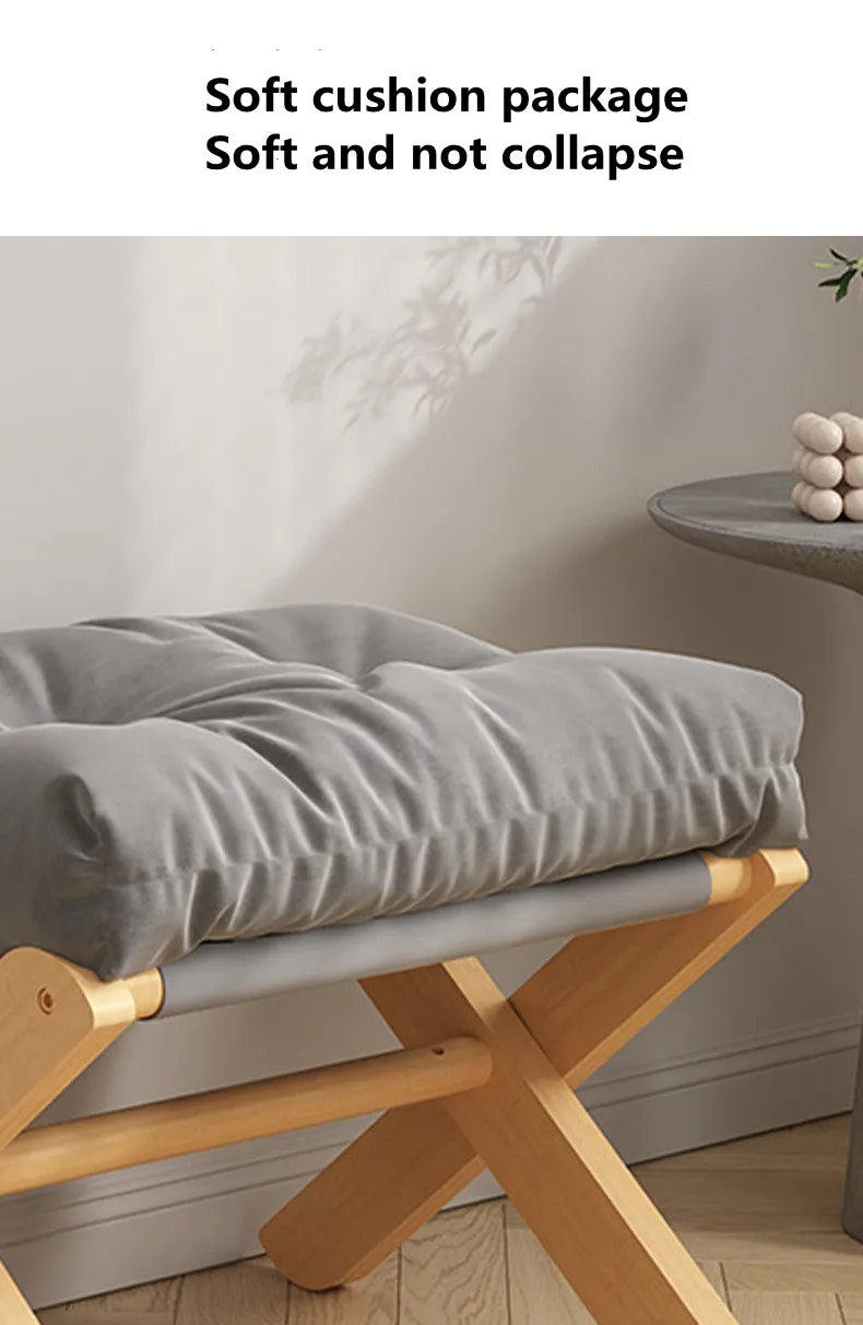 Foldable Solid Wood Low Stool with Paste-Style Grey Seat Cushion-2