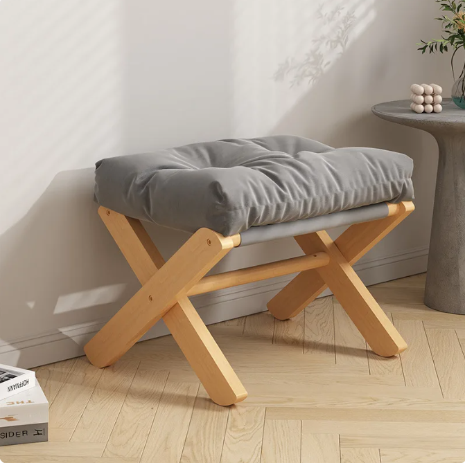 Foldable Solid Wood Low Stool with Paste-Style Grey Seat Cushion-5