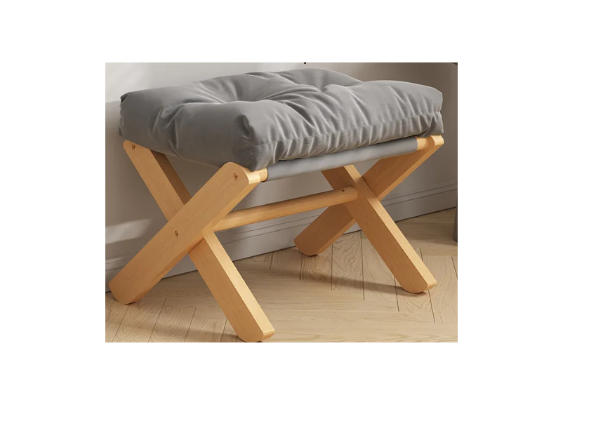 Foldable Solid Wood Low Stool with Paste-Style Grey Seat Cushion-0