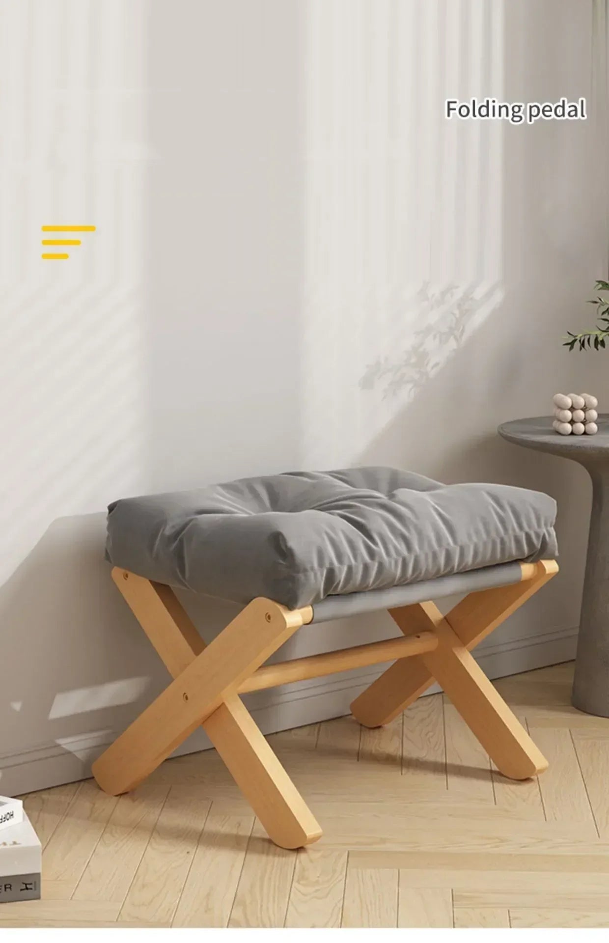 Foldable Solid Wood Low Stool with Paste-Style Grey Seat Cushion-3